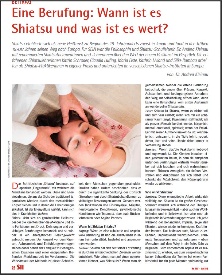 Artikel SEIN Shiatsu Beruf 06.19, ESI Berlin, S. 1